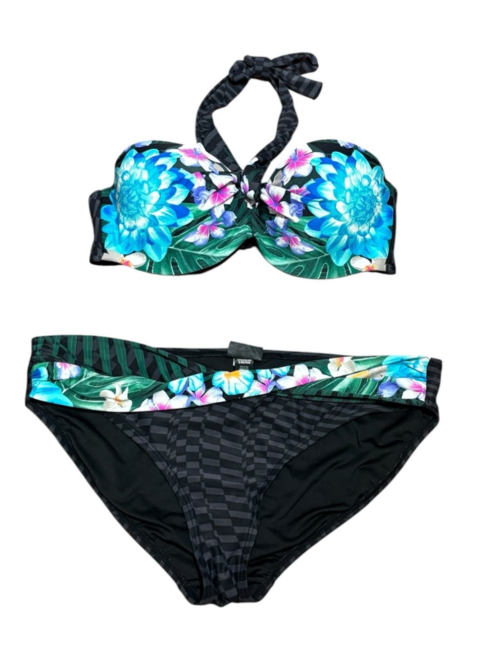 Coco Reef Black Bikini Set with‎ Turquoise Floral Print, Size 36/38D, XL